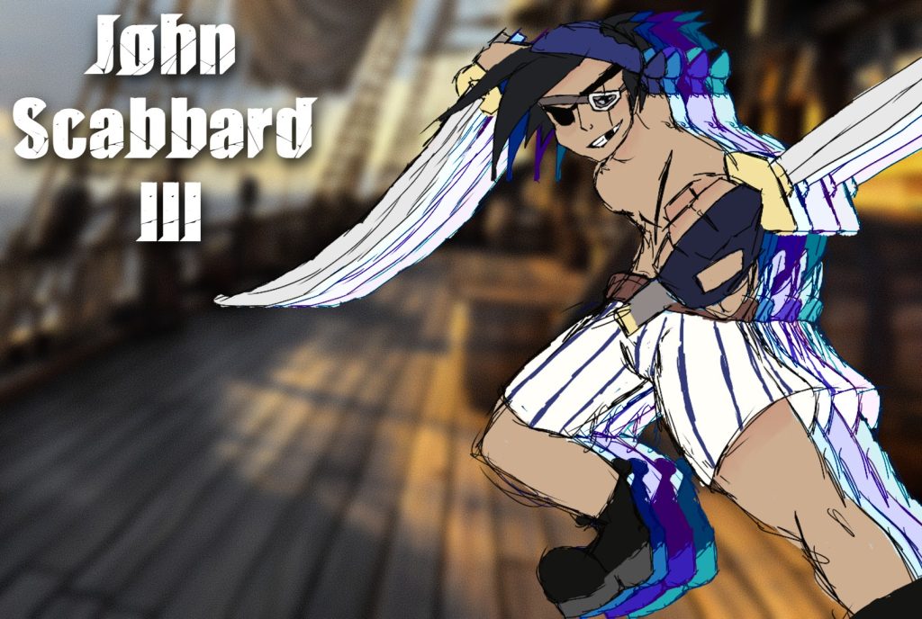 a drawing of John Scabbard III wielding his two swords, alongside text displaying his name