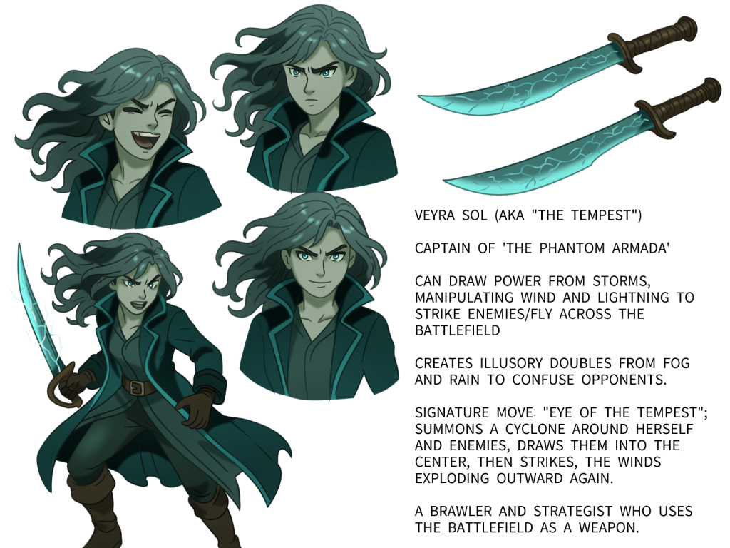 multiple drawings of Veyra Sol, three depicting different emotions and one mid-battle. drawings of her teal sword, as well.
Text reads:
"VEYRA SOL (AKA "THE TEMPEST")
CAPTAIN OF 'THE PHANTOM ARMADA'
CAN DRAW POWER FROM STORMS, MANIPULATING WIND AND LIGHTNING TO STRIKE ENEMIES/FLY ACROSS THE BATTLEFIELD
CREATES ILLUSORY DOUBLES FROM FOG AND RAIN TO CONFUSE OPPONENTS
SIGNATURE MOVE: "EYE OF THE TEMPEST"; SUMMONS A CYCLONE AROUND HERSELF AND ENEMIES, DRAWS THEM INTO THE CENTER, THEN STRIKES, THE WINDS EXPLODING OUTWARD AGAIN.