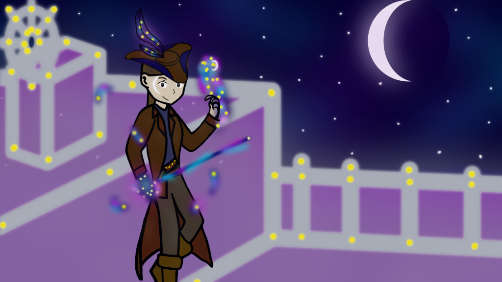 a drawing depicting pirate captain Astria Starlight with her magical owl on a night-sky background