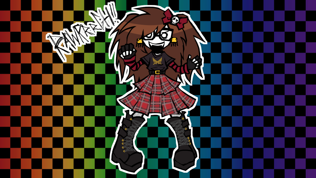 A drawing of .7zip, a scene-kid pirate with a rainbow-checkered background